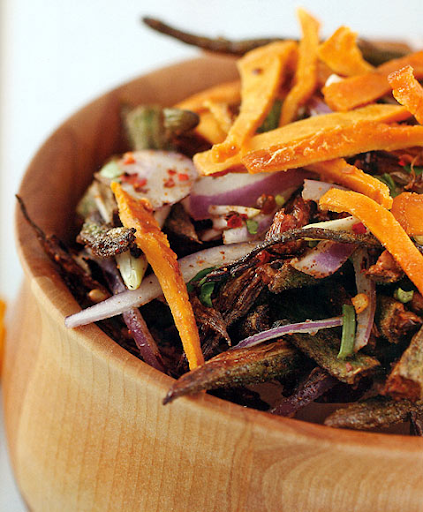 CRISPY OKRA SALAD WITH DRIED MANGO STRIPS